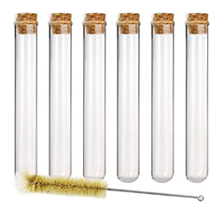 DEPEPE 20 tubos de ensayo de vidrio de 35 ml, 20 x 150 mm, con tapón de corcho y cepillo para polvo